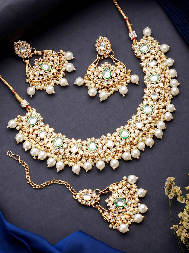 Oxidised Gold Plated Kundan Studded & Beaded Handcrafted Jewelry Set