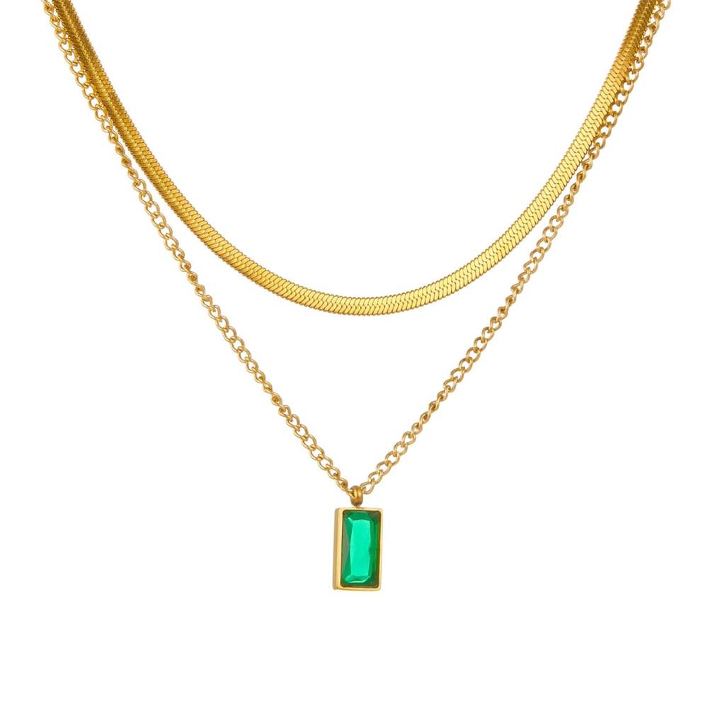 Dual Chain Emerald Necklace : NC_SS_GrnZircon_gld