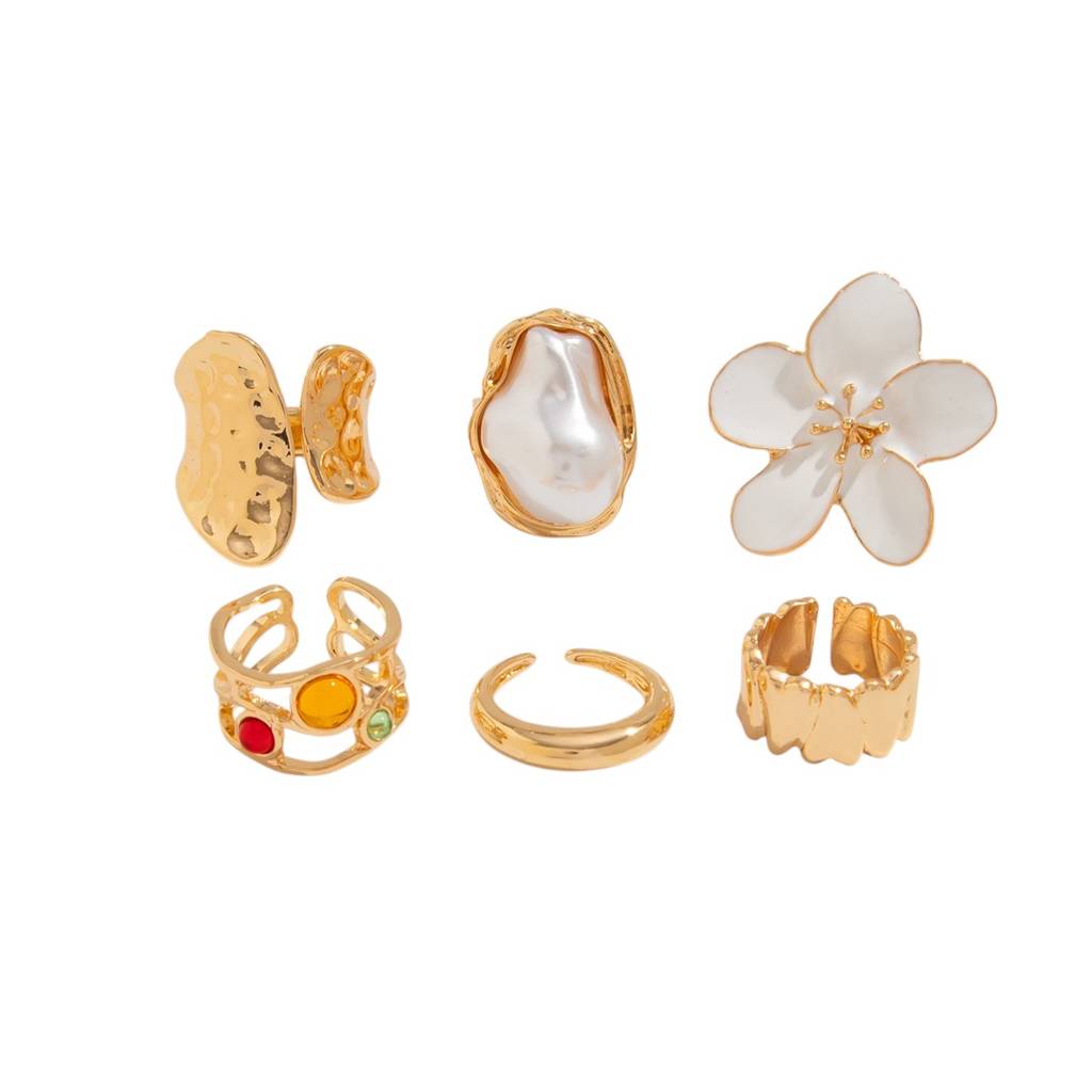 Gold Anti-Tarnish Baroque Pearl White Floral Statement Stack Rings (Set Of 6) : ADN0525R134