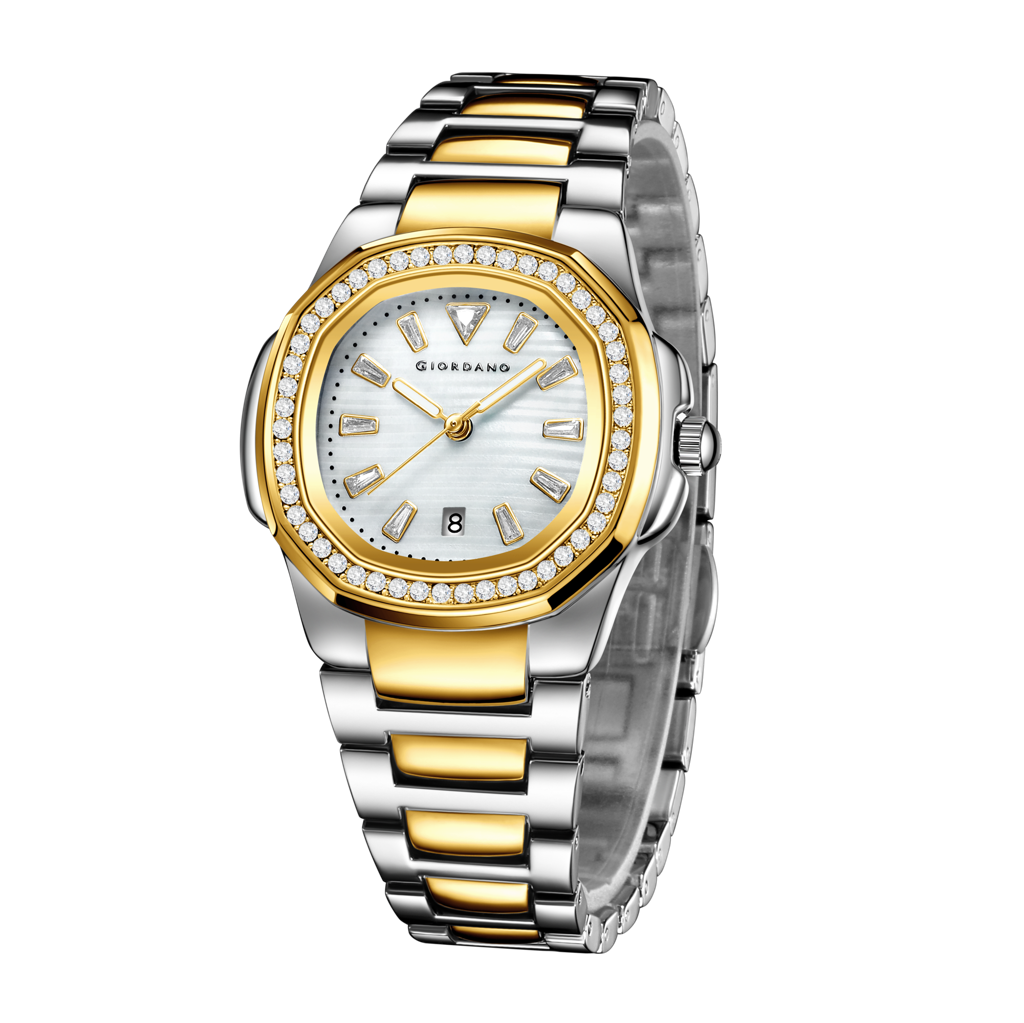 Giordano Luxury Watch For Women With Crystal Indices,Textured Dial, Stainless Steel Strap And Date Display : GZ-60116-22