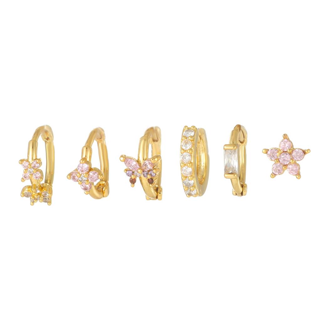 Set Of 6 18K Plated Antitarnish Butterfly Floral Earring Set For Single Ear Only : AWU0125E138PK