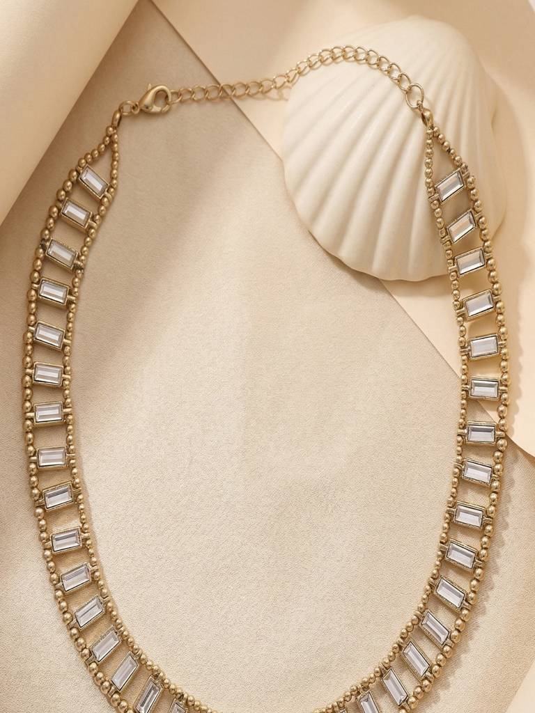 18K Gold Plated Refined Stone Studded Baguette Link Necklace Anti Allergenic For Women : SCDELNL0398