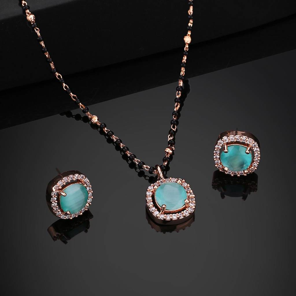 Estele Rose Gold Plated Cz Sparkling Mangalsutra Necklace Set With Mint Green Stone For Women