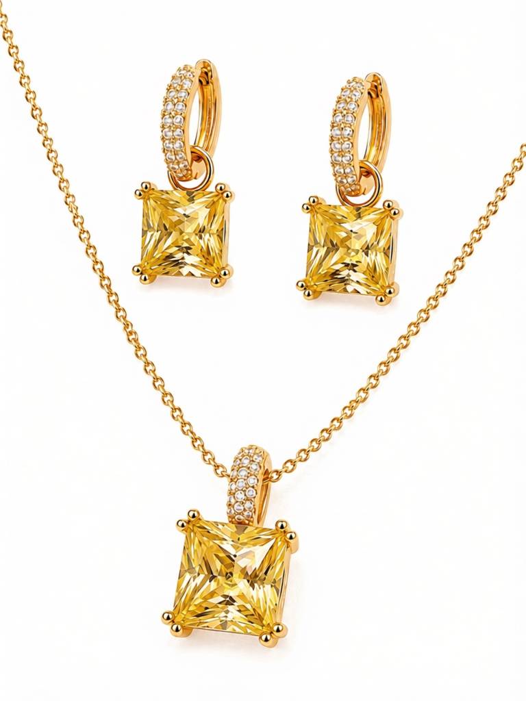 Square-Cut Pendant Necklace & Huggie Earring Set : SET1008YQSD