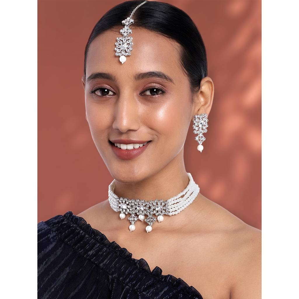 Peora Ethnic Indian Traditional Kundan Studded Necklace & Jewellery Set Gift For Women Girls : PF37N224RW