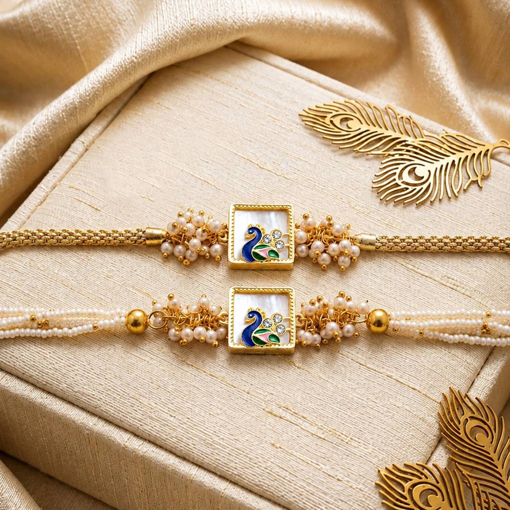 Artklim Royal Peacock Bhaiya Bhabhi Rakhi Set With Pearl Clusters : HSPS60MB1954