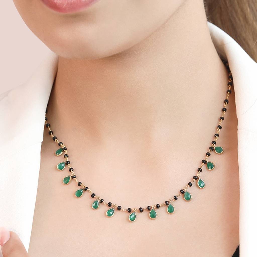 Green Drop Cz With Beaded Chain 925 Sterling Silver Mangalsutra : MGS-10019