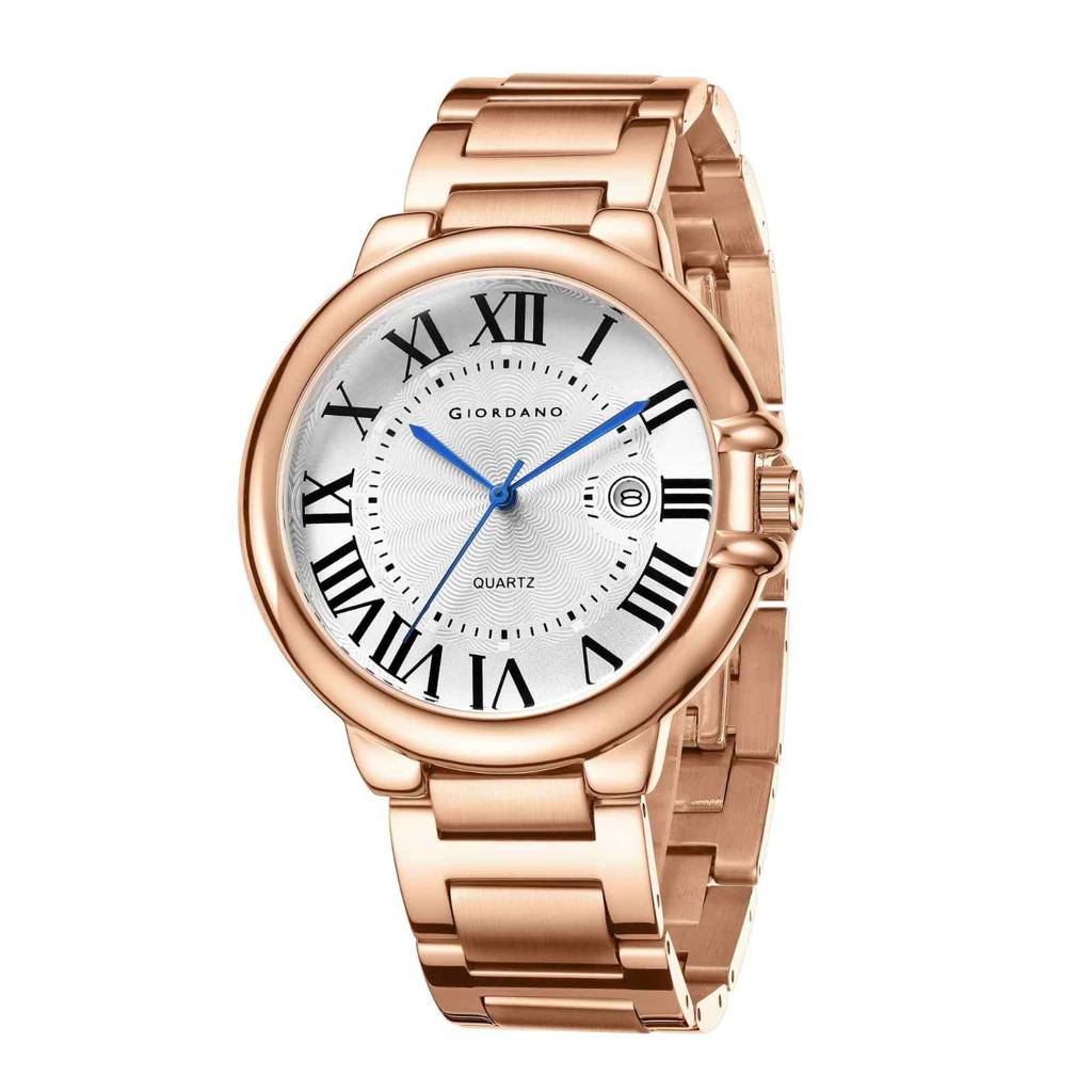 Giordano Analog Quartz Watch For Men Â Stainless Steel Strap, Textured Dial With Roman Numerals, Blue Hands, D : GZ-50187-33