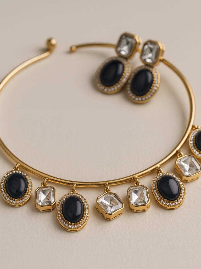 Purple Moissanite Hansuli Necklace Set With Earrings Â Gold Plated Jewelry : SET419PMS