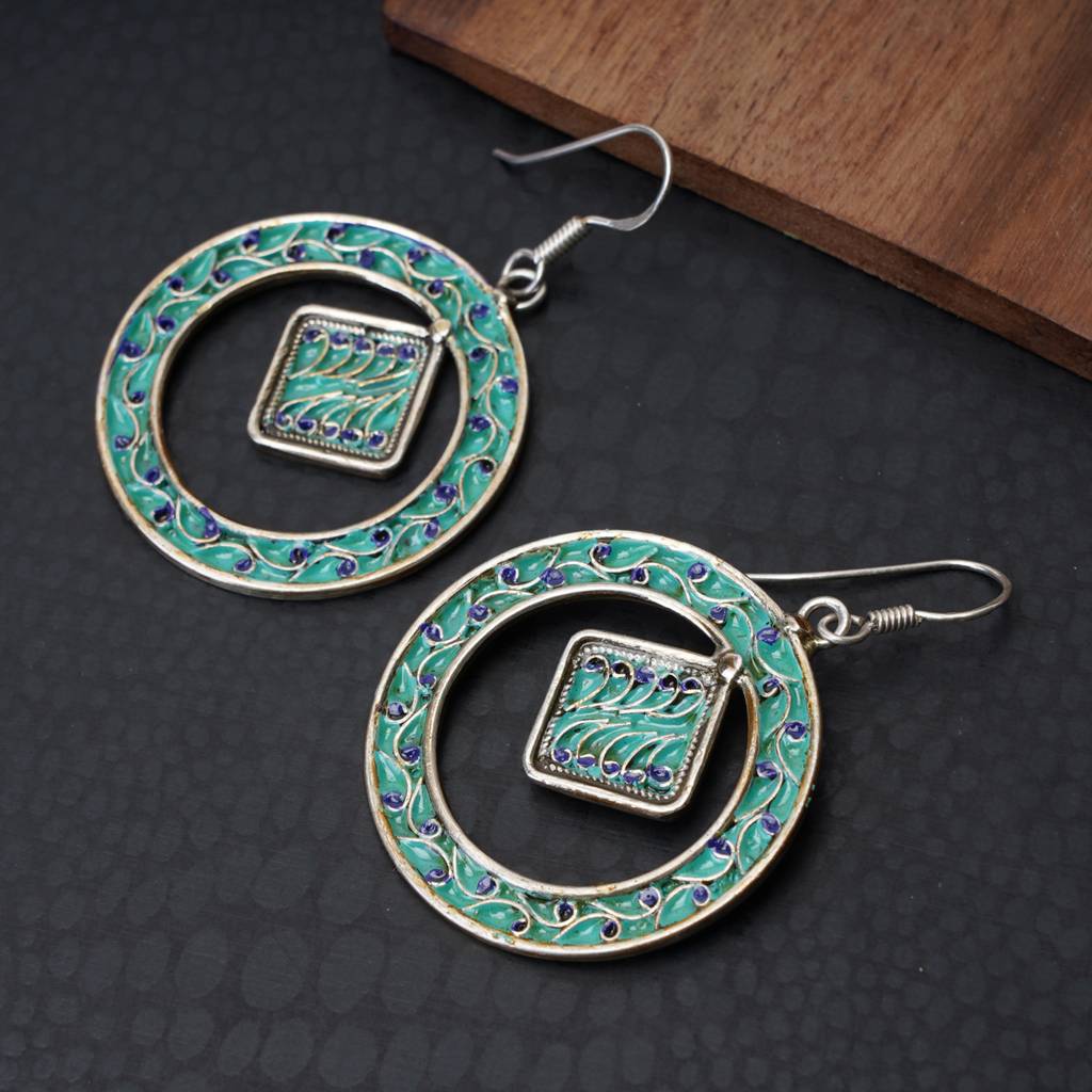 Blue Green Enameled Silver Hoops