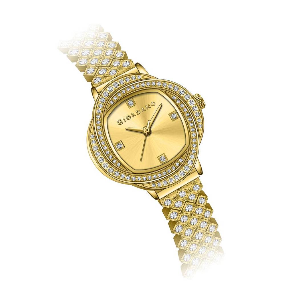 Giordano Luxury Crystal Watch For Women, Stainless Steel Strap, Diamond-Studded Bezel, Elegant Dress Timepiece : GZ-60120-22