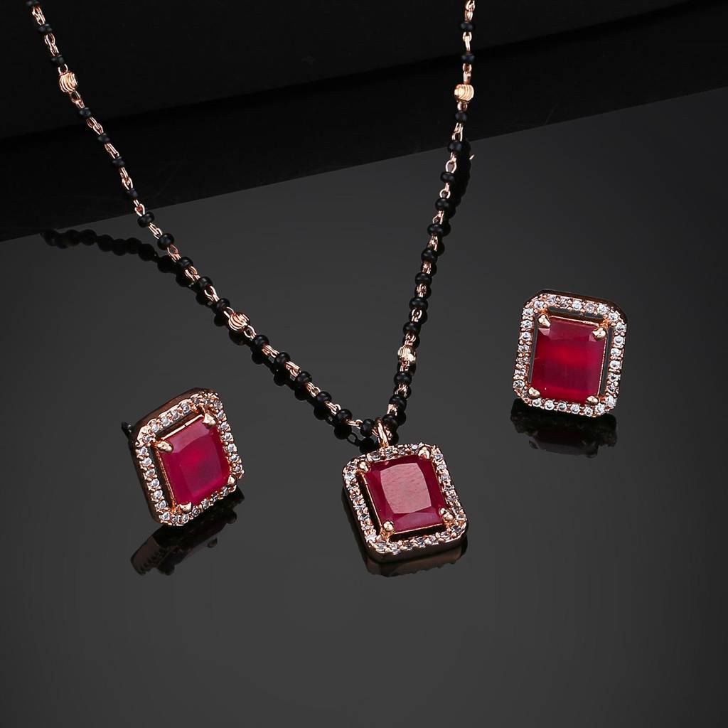 Estele Rose Gold Plated Cz Square Designer Mangalsutra Necklace Set With Ruby Stone For Women