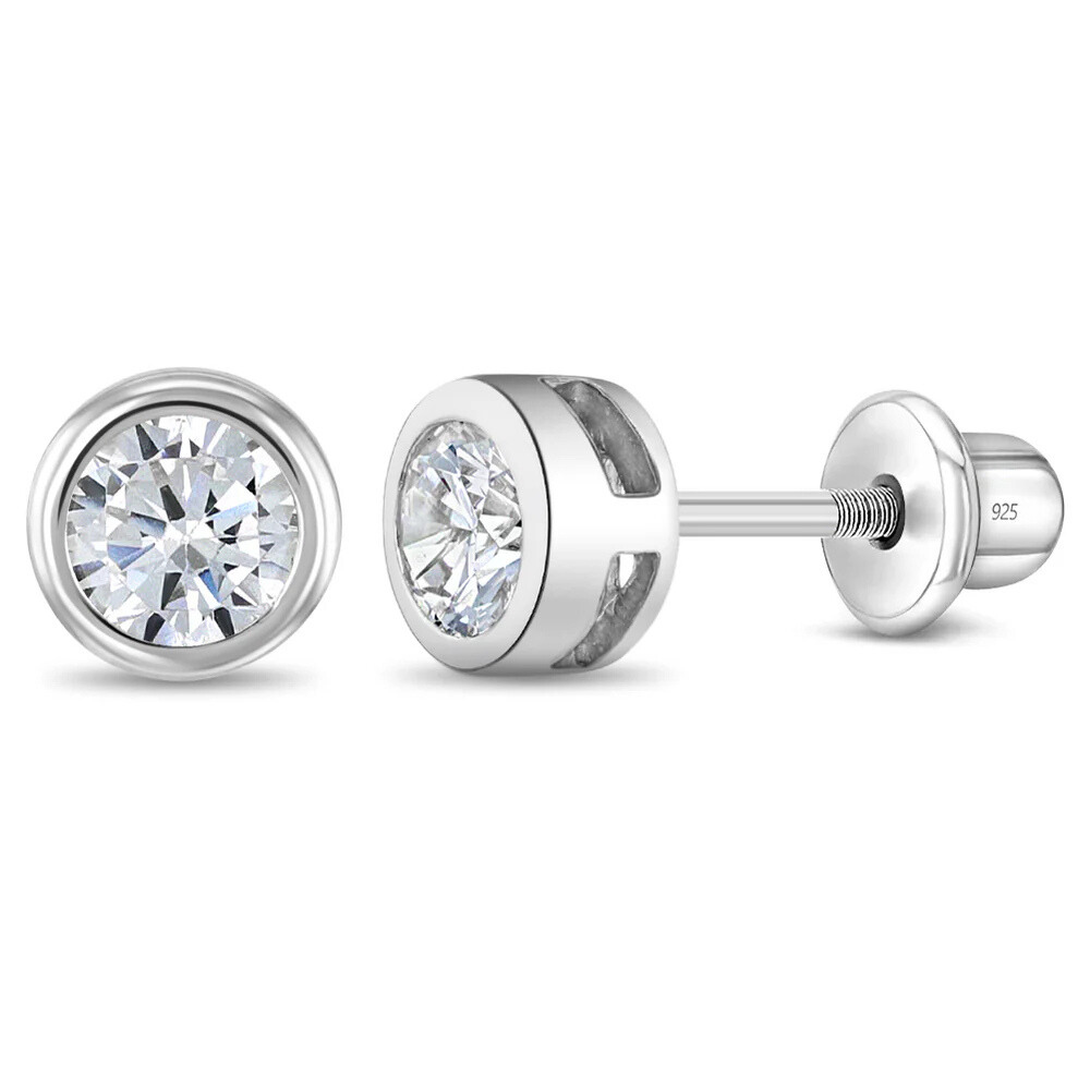 Sterling Silver Round Bezel Stud Earrings For Girls With Cubic Zirconia : KS-WG-0003