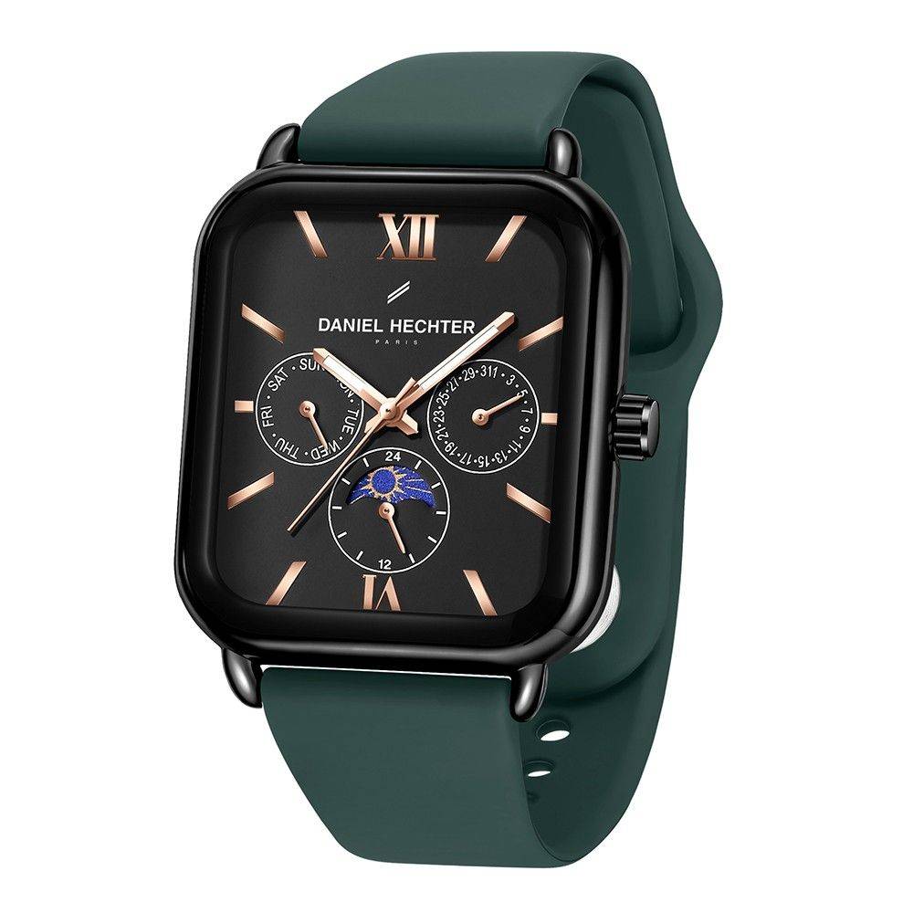 Daniel Hechter Paris Montmartre Unisex Multifunction Square Watch Â Black Dial With Day-Date & 24-Hour Subdial : DHU-1001-04