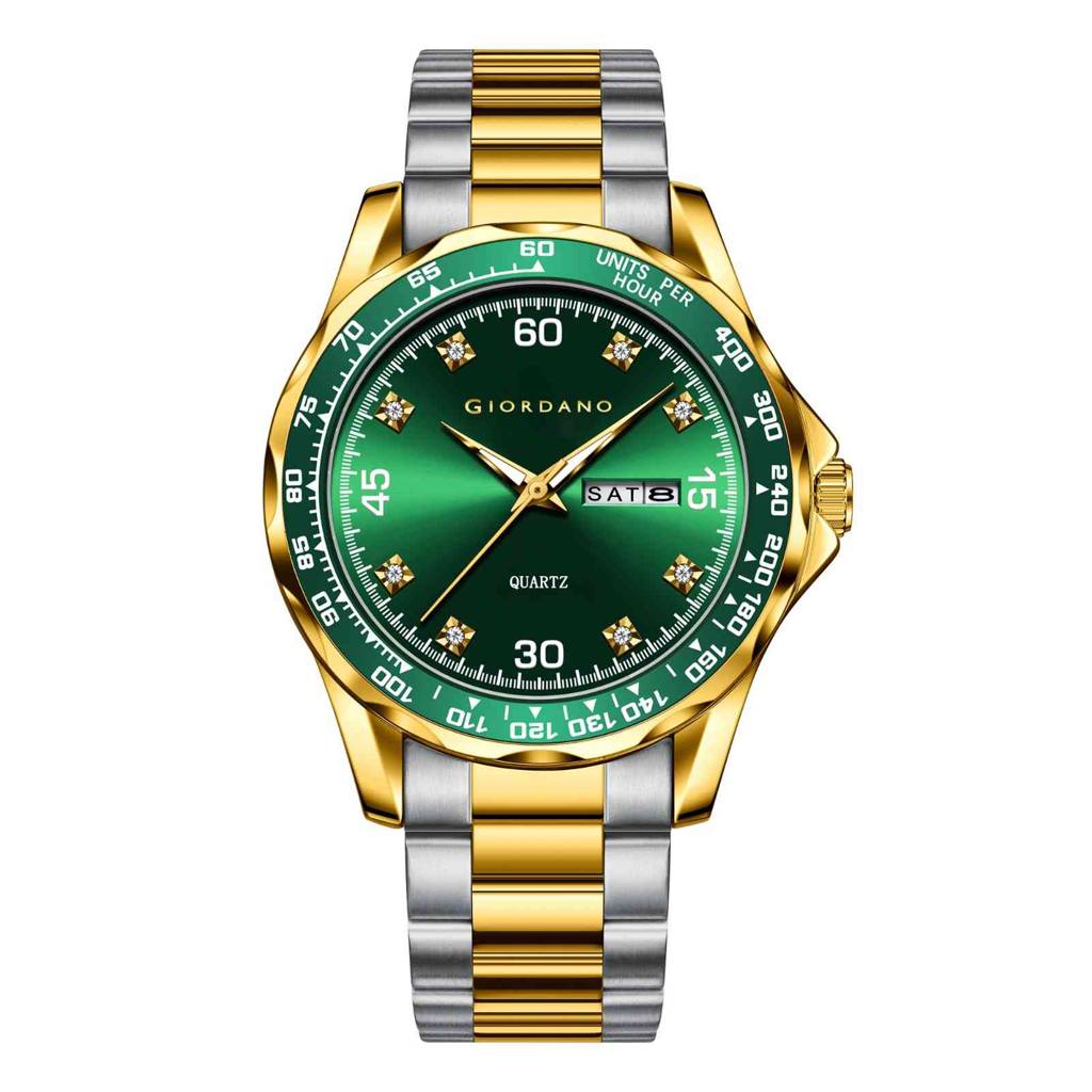 Giordano Two-Tone Analog Watch For Men - Crystal Hour Markers, Textured Bezel Design, Day & Date Display, Stainl : GZ-50177-33