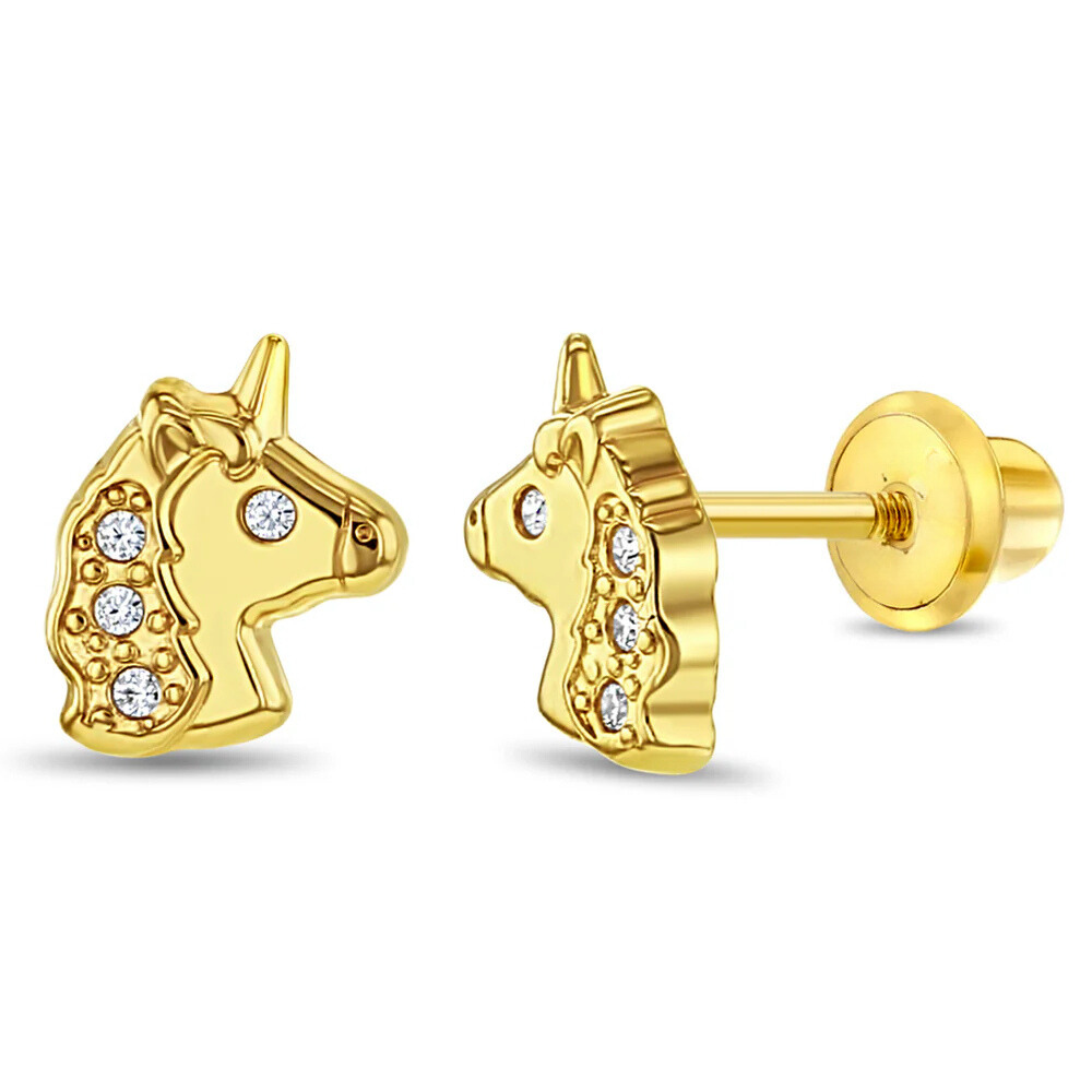 14K Gold Plated Sterling Silver Unicorn Earrings With Sparkling Cz For Girls : KS-WG-0005