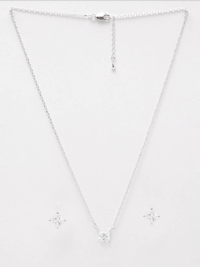 925 Sterling Silver Rhodium Plated Square Pendant Earring Necklace Set With Chain Gift For Women And Girls : CSWZMP78ME78_SCH