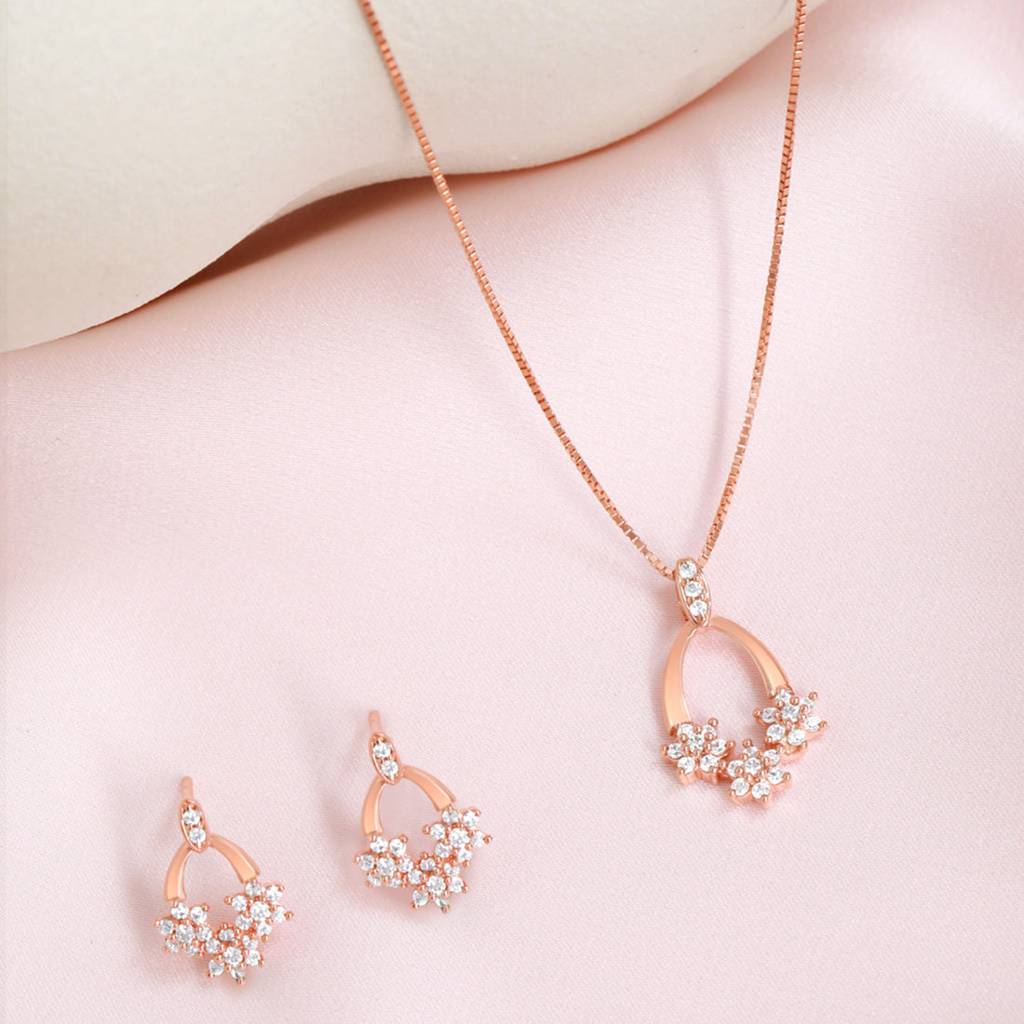 Blossom Art Rose Gold Plated 925 Sterling Silver Jewelry Set : JS-70193-C-RG