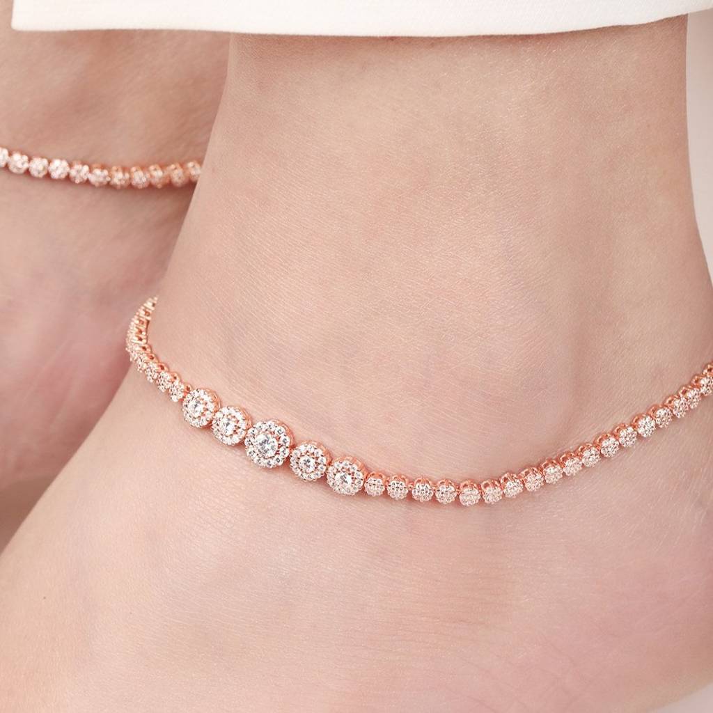 Rose Gold Plated Glimmering Fusion Cz 925 Sterling Silver Anklet : ANK-60268-PAIR