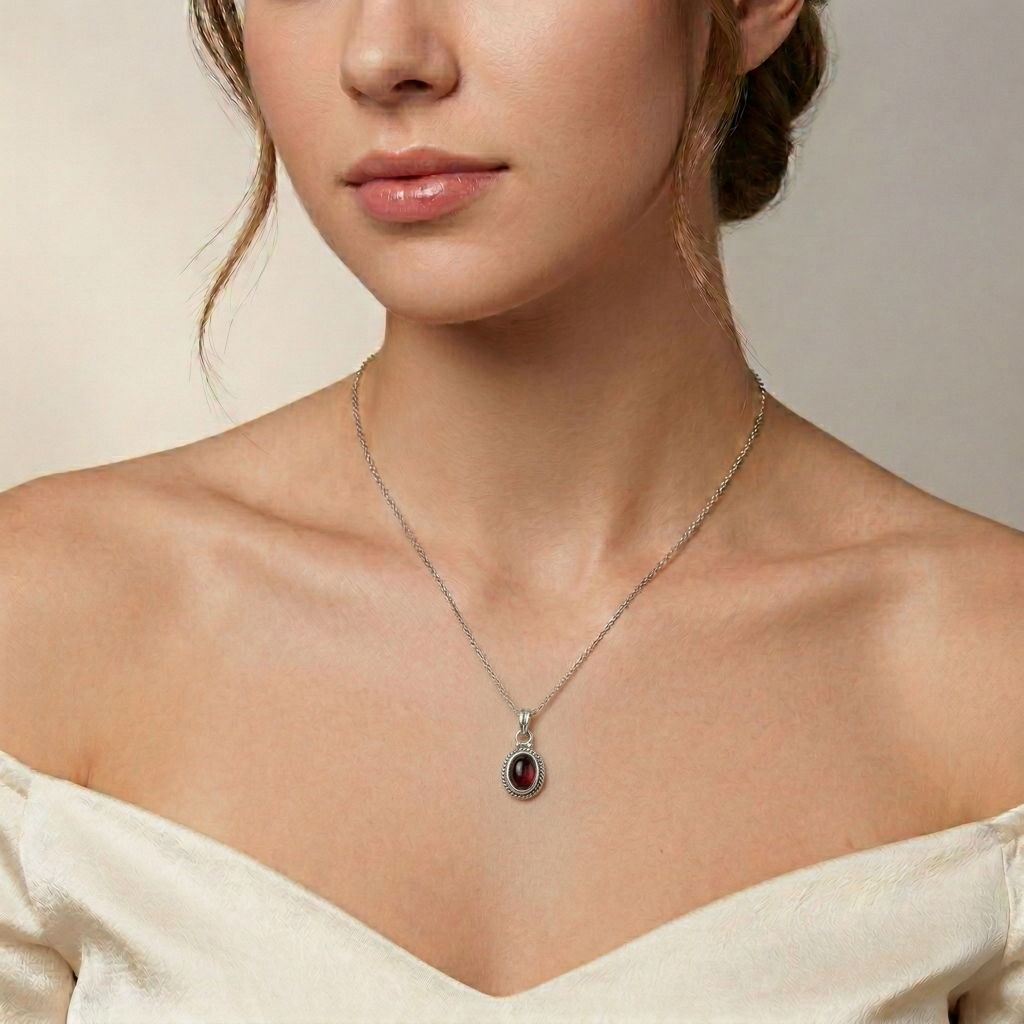 925 Sterling Silver Garnet Pendant With 18 Inch Chain | Gemstone Pendant Necklace | Handmade Daily Wear Jewelry : FU-0710
