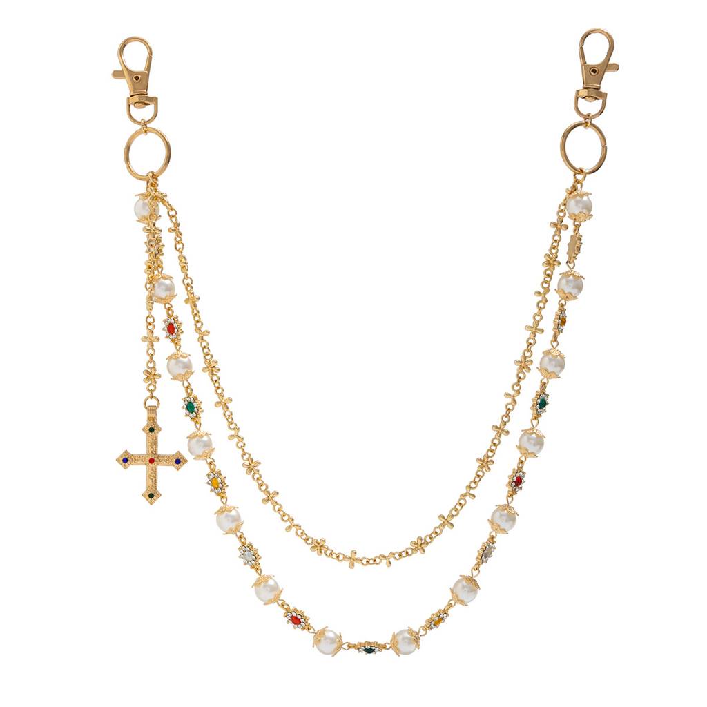 Plated Anti-Tarnish Two Layer Floral Rhinestone With Pearl Cross Pant Chain : ADN0825WC1728G