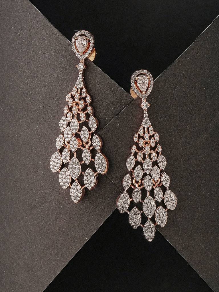 Rose Gold Plated Ad Zircon Studded Delicate Dropdown Chandelier Earrings : SJER2925