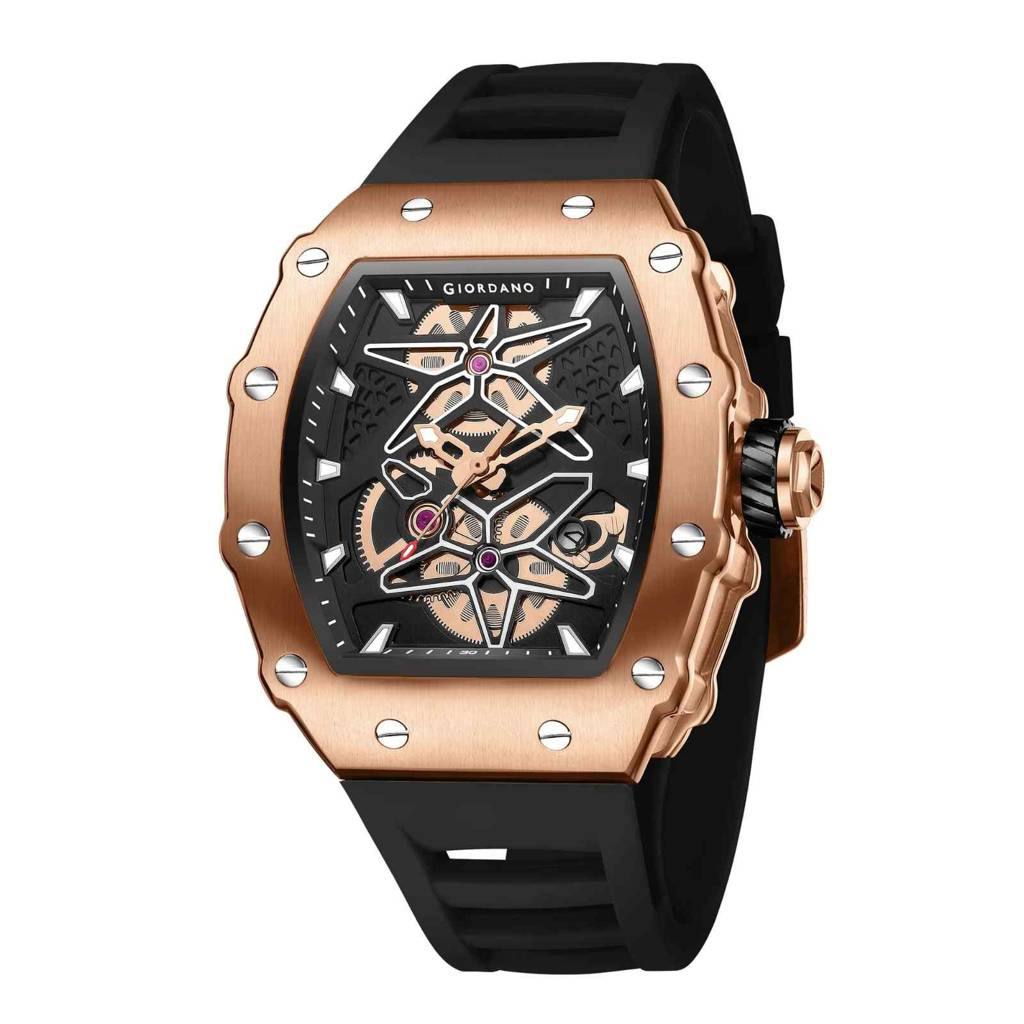 Giordano Analog Skeleton Dial Watch For Men Â Tonneau Case, Silicone Strap, Open-Gear Sport Design, Quartz Mov : GZ-50188-33