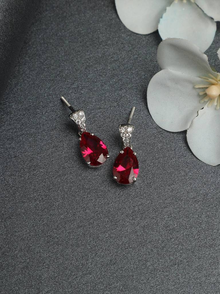 92.5 Sterling Silver Rhodium Plated Swiss Zirconia Blood Red Tear Drop Earrings With Screw Back Gift For Women  : CSCLRE4PR_RU