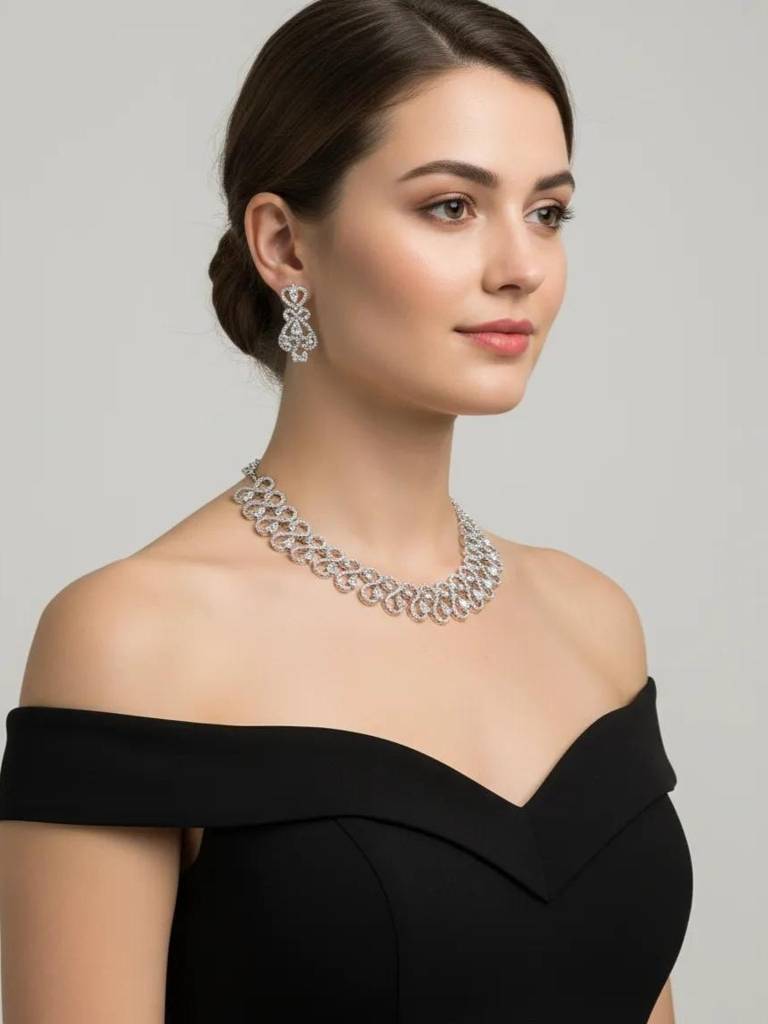 Ratna Necklace With Earrings | American Diamond : RKNP000023