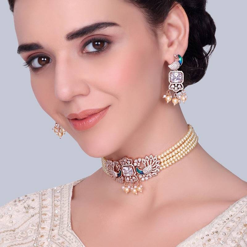 Luxury Rose Gold Finish Cz Multi String Choker Set – Bridal & Festive Wear : AD-934-RGWENKER