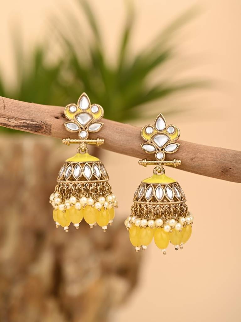 Gold Plated Kundan & Meenakari Jhumka Earrings : S24FAER411YLW