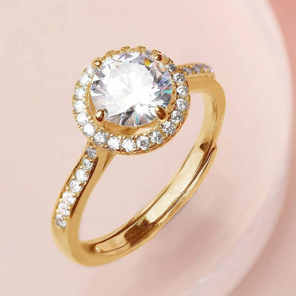 Golden Aura Gold-Plated 925 Sterling Silver Solitaire Halo Ring For Her (Adjustable) : RNG-40159