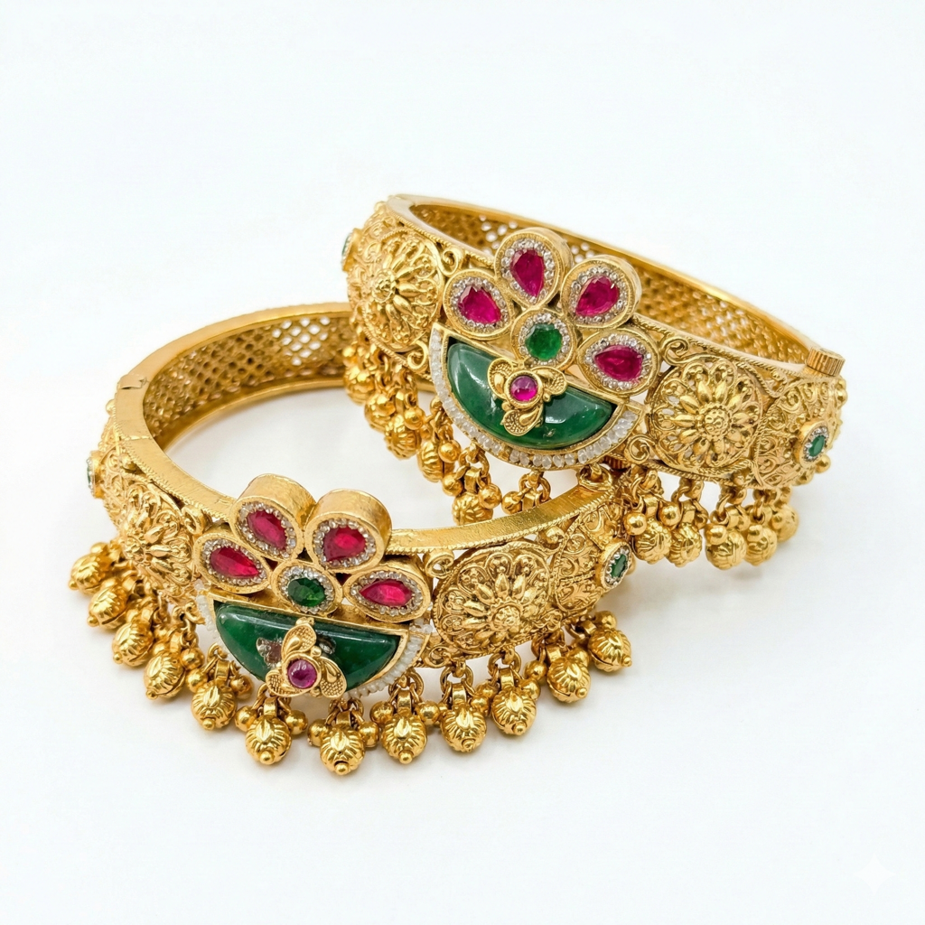 Opulent Royal Bridal Kada Set – Antique Gold Finish Bangles With Ruby & Emerald Floral Motifs And Beaded Edging : BV-BG-8-24