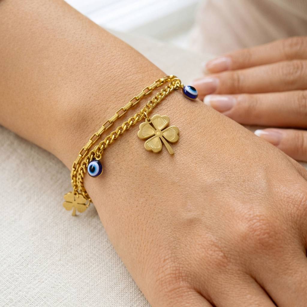 Lucky Clover Evil Eye Gold Bracelet Anti-Tarnish For Women : HSPS60MB1898