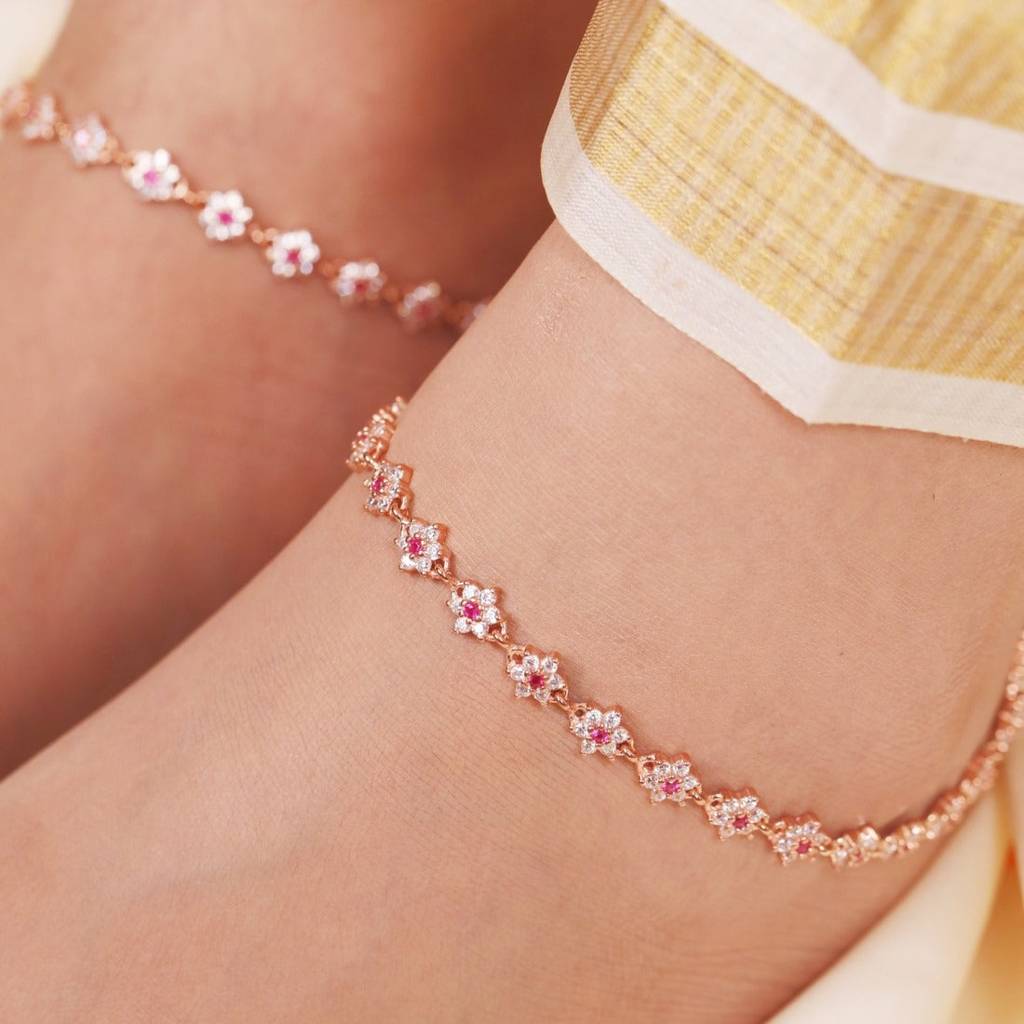 Floral Cubic Zirconia Rose Gold Plated 925 Sterling Silver Women'S Anklet : ANK-60331-PAIR-RG