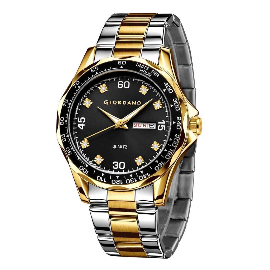 Giordano Two-Tone Analog Watch For Men - Crystal Hour Markers, Textured Bezel Design, Day & Date Display, Stainl : GZ-50177-11