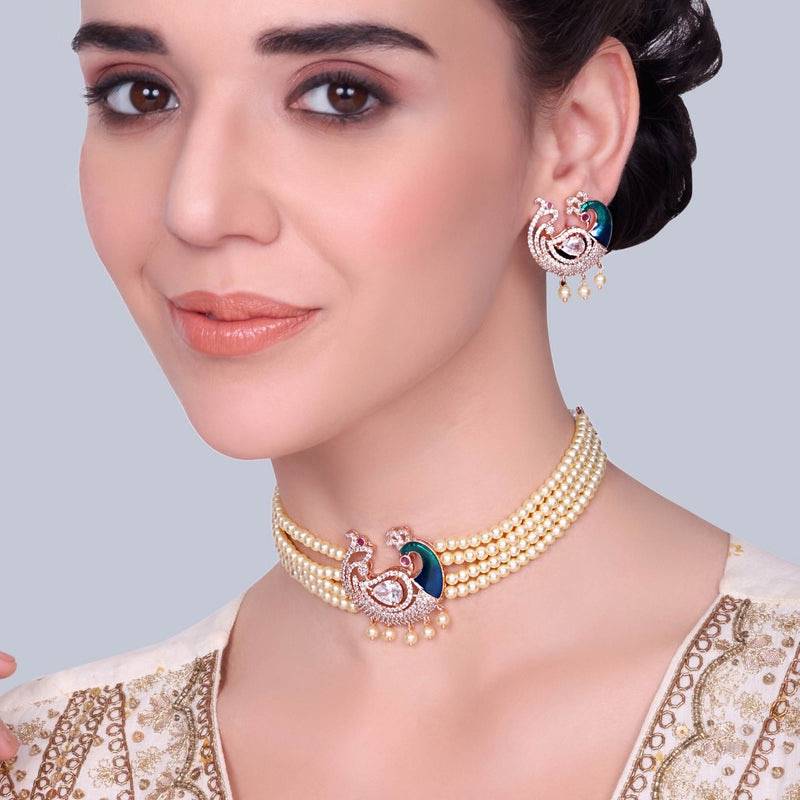 Traditional Peacock Design Cz Stone Beaded Choker Set : AD-935-RGWENKER