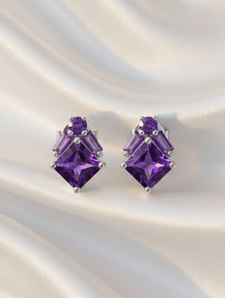 Kicky & Perky Natural Amethyst Geometric Stud Earrings In 925 Sterling Silver : VSILSME029