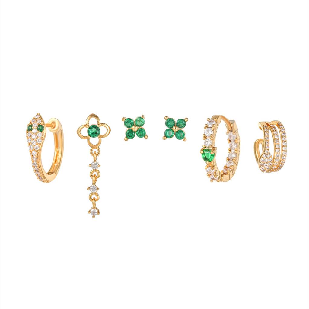 Set Of 6 18K Plated Anti-Tarnish Green Snake Earring Set For Single Ear Only : AWU0125E105GR