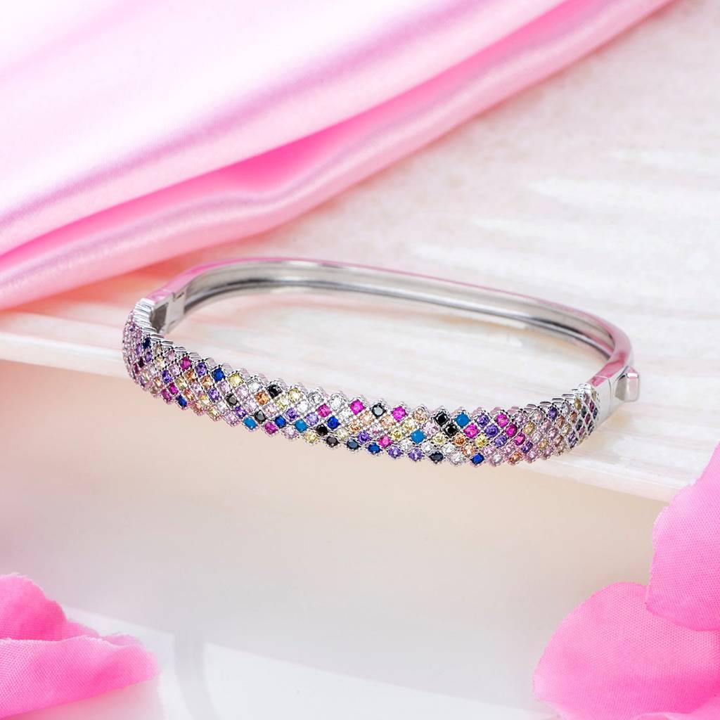 Radiant Elegance Coloured Cz Rhodium-Plated 925 Sterling Silver Kada Bracelet : BR-80334-R
