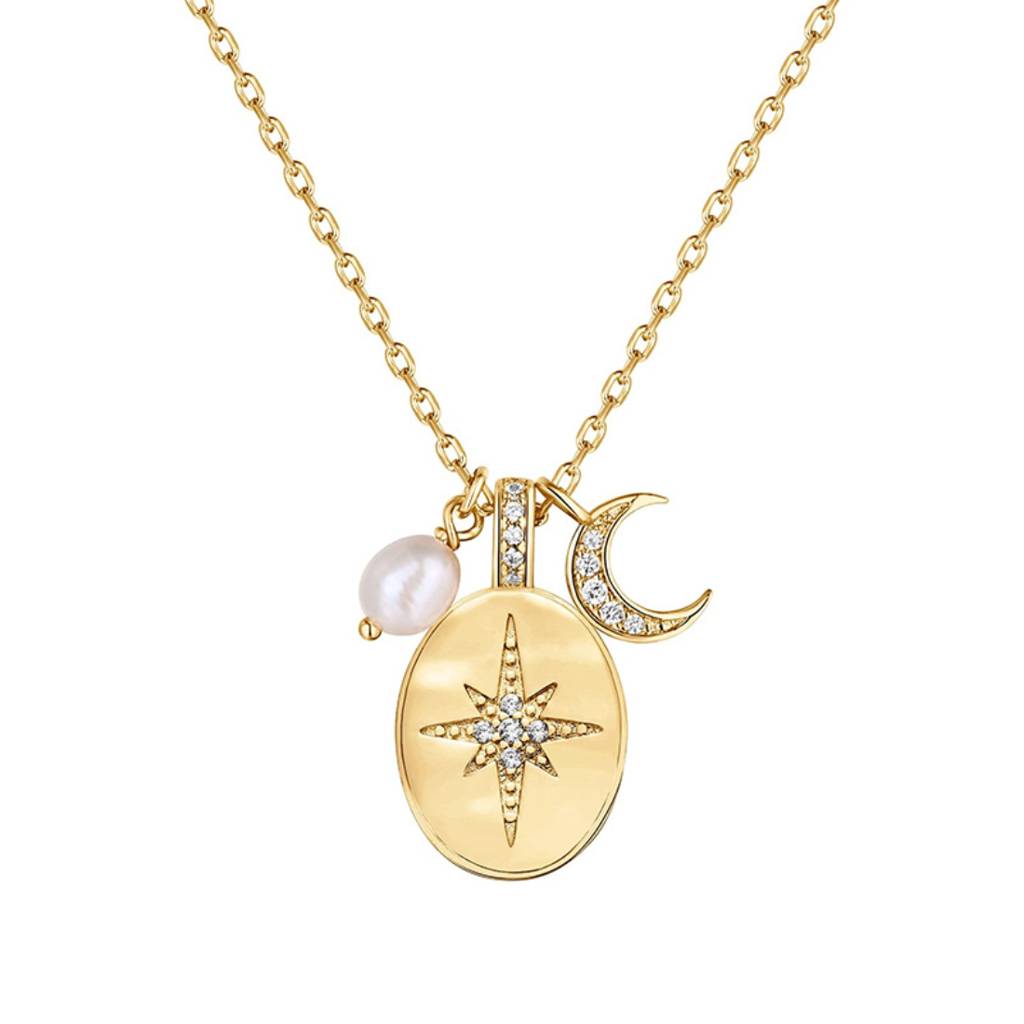 14K Gold Plated Star And Moon Pendant Necklace | Daily Wear Necklace : AXY1124PN0001