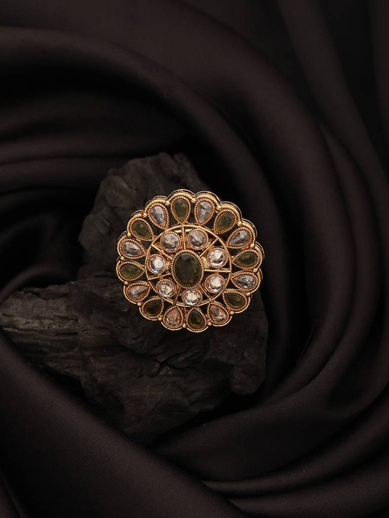 Gold-Plated Green & White Kundan-Studded Adjustable Finger Rings : RNG-JS23-80068