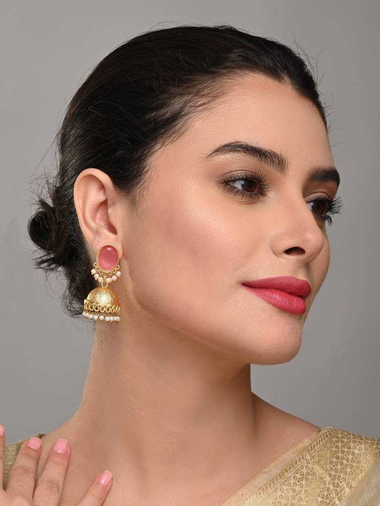 Gold Finish Pearl Dome Jhumka Earrings : S24JJER211PNK