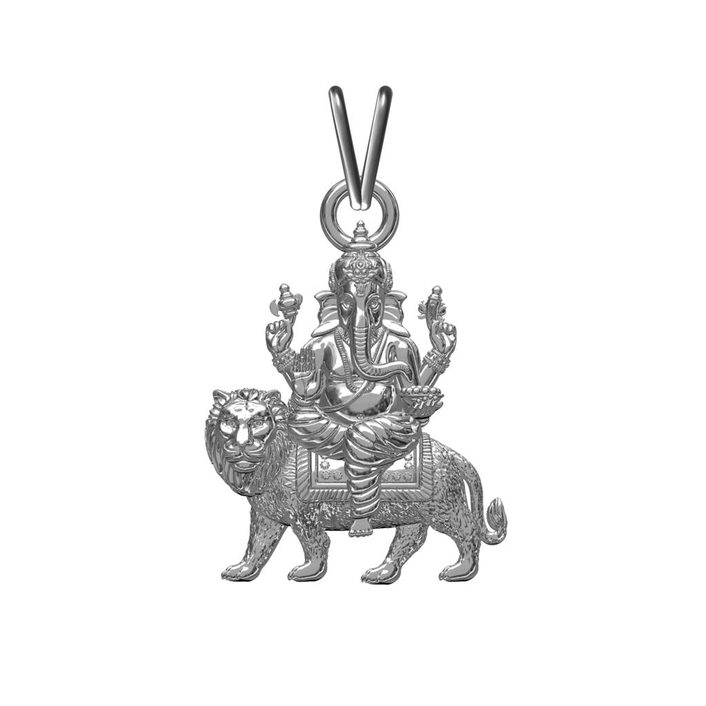 Silver Deva Ganesha Sitting On Lion Siver Pendant : ZLGDP-1050