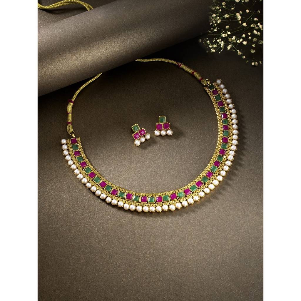 Peora Traditional Gold Plated Choker Necklace & Stud Earrings Jewellery Set For Women Girls : PF04N3391RG