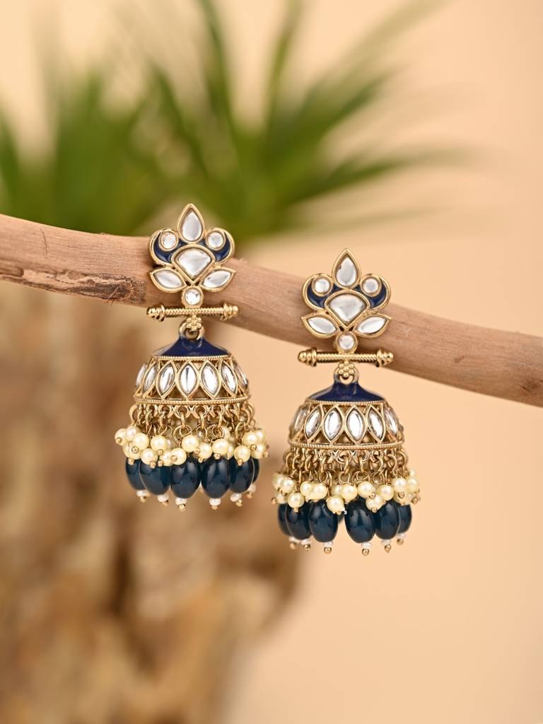 Gold Plated Kundan & Meenakari Jhumka Earrings : S24FAER411BLU
