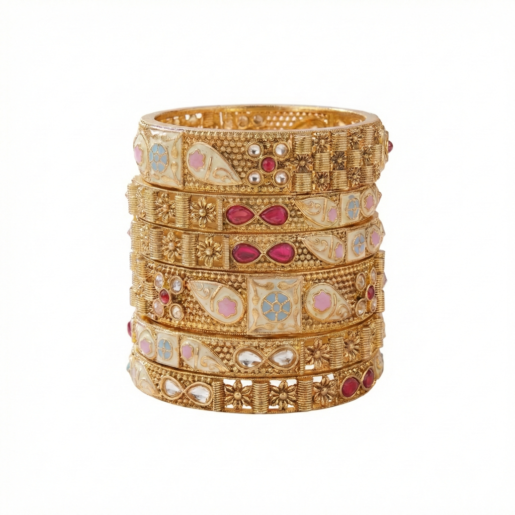 Antique Gold Plated Meenakari Bangle Set With Pastel Enamel & Ruby Red Stones : BV-BG-6-24