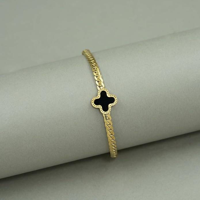 Gold Plated Anti Tarnish Black Clover Charm Bracelet For Women : HSPS60MB0953