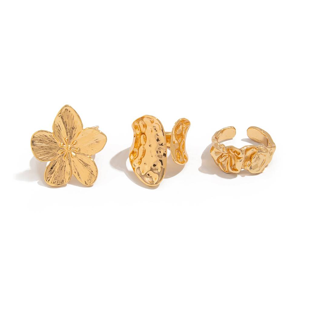 Gold Anti-Tranish Boho Textured Floral & Abstract Statement Stack Ring(Set Of 3) : ADN0525R130