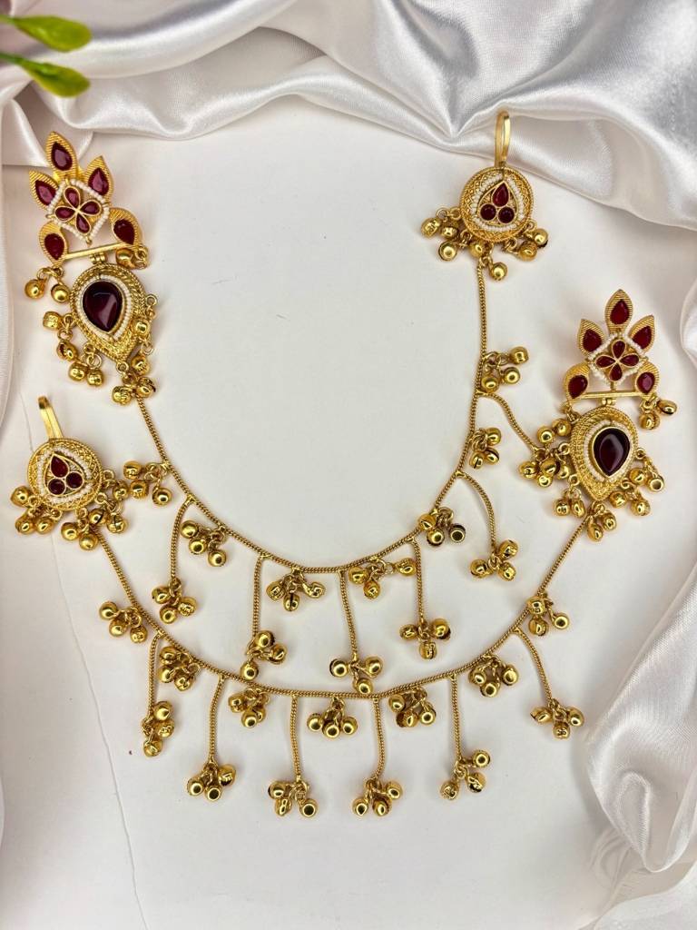 Gold-Plated Premium Kundan Red Stone-Studded Kan Chain Earrings : VI26EROX100369